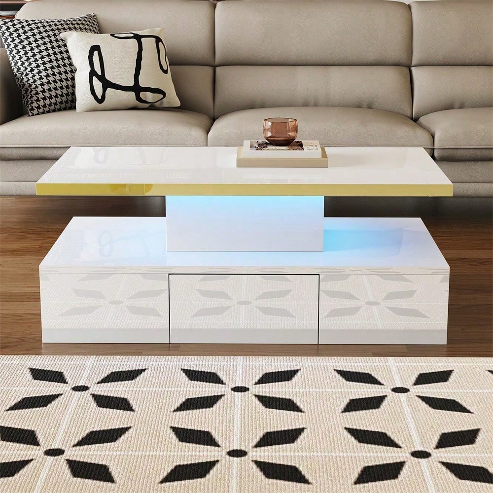 Couchtisch, Tisch mit Schubladen, Hochglanzlackierung, Beistelltisch mit zwei Ablageebenen. Mit LED-Licht