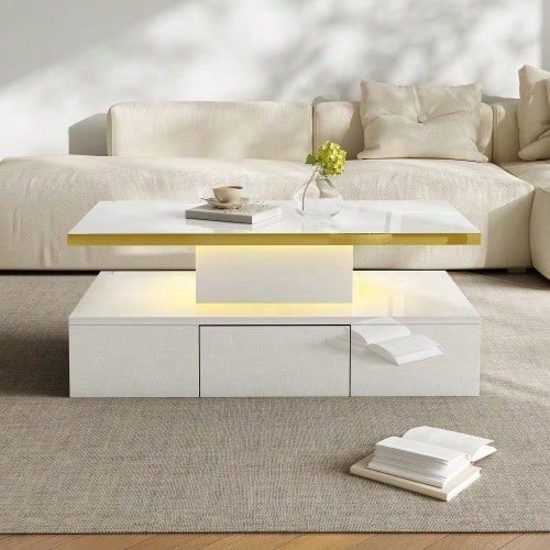 Couchtisch, Tisch mit Schubladen, Hochglanzlackierung, Beistelltisch mit zwei Ablageebenen. Mit LED-Licht