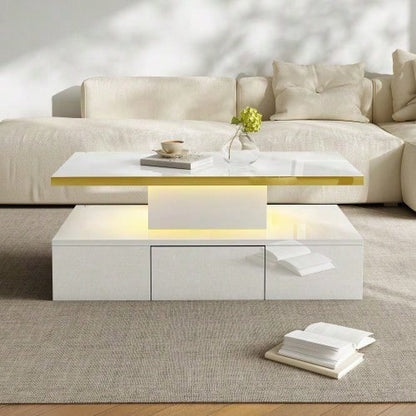 Couchtisch, Tisch mit Schubladen, Hochglanzlackierung, Beistelltisch mit zwei Ablageebenen. Mit LED-Licht