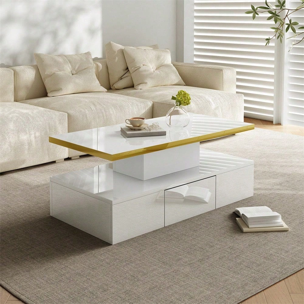 Couchtisch, Tisch mit Schubladen, Hochglanzlackierung, Beistelltisch mit zwei Ablageebenen. Mit LED-Licht