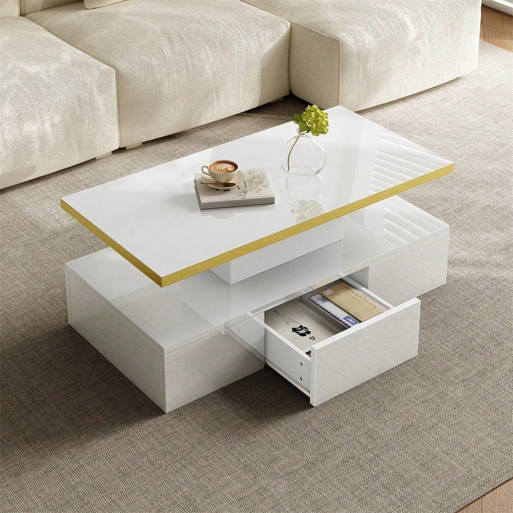 Couchtisch, Tisch mit Schubladen, Hochglanzlackierung, Beistelltisch mit zwei Ablageebenen. Mit LED-Licht