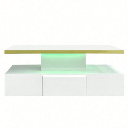 Couchtisch, Tisch mit Schubladen, Hochglanzlackierung, Beistelltisch mit zwei Ablageebenen. Mit LED-Licht