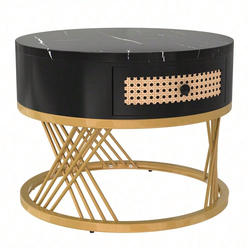 2 in 1 Runder Couchtisch aus MDF, Beistelltisch mit Tischplatte aus Marmor und Schubladen aus Kunststoff-Rattan, Griffe aus Massivholz. goldene Eisenfüße. 70*70*45,5+50*50*38,5cm