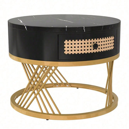 2 in 1 Runder Couchtisch aus MDF, Beistelltisch mit Tischplatte aus Marmor und Schubladen aus Kunststoff-Rattan, Griffe aus Massivholz. goldene Eisenfüße. 70*70*45,5+50*50*38,5cm