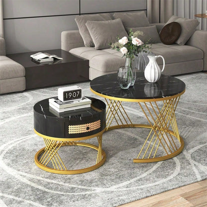 2 in 1 Runder Couchtisch aus MDF, Beistelltisch mit Tischplatte aus Marmor und Schubladen aus Kunststoff-Rattan, Griffe aus Massivholz. goldene Eisenfüße. 70*70*45,5+50*50*38,5cm