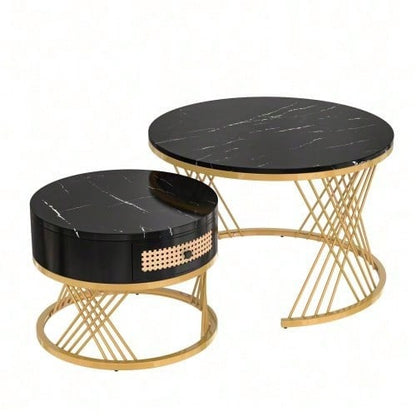 2 in 1 Runder Couchtisch aus MDF, Beistelltisch mit Tischplatte aus Marmor und Schubladen aus Kunststoff-Rattan, Griffe aus Massivholz. goldene Eisenfüße. 70*70*45,5+50*50*38,5cm