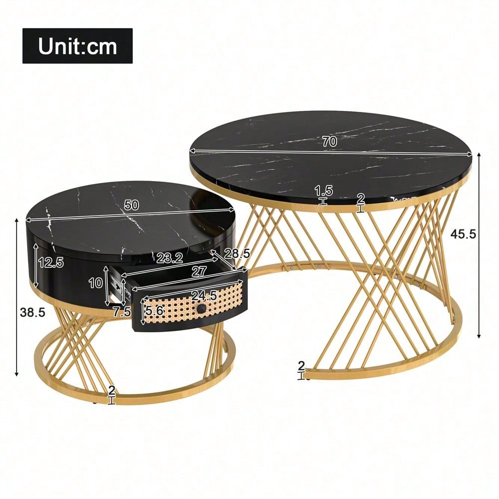 2 in 1 Runder Couchtisch aus MDF, Beistelltisch mit Tischplatte aus Marmor und Schubladen aus Kunststoff-Rattan, Griffe aus Massivholz. goldene Eisenfüße. 70*70*45,5+50*50*38,5cm