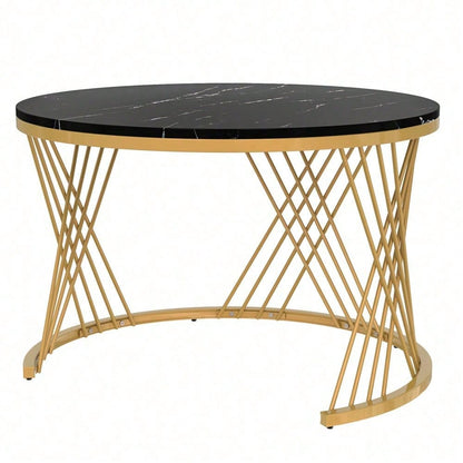2 in 1 Runder Couchtisch aus MDF, Beistelltisch mit Tischplatte aus Marmor und Schubladen aus Kunststoff-Rattan, Griffe aus Massivholz. goldene Eisenfüße. 70*70*45,5+50*50*38,5cm