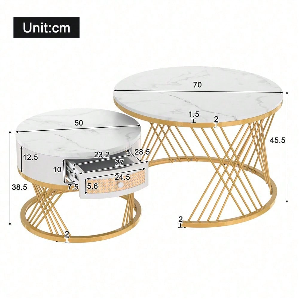 2 in 1 Runder Couchtisch aus MDF, Beistelltisch mit Tischplatte aus Marmor und Schubladen aus Kunststoff-Rattan, Griffe aus Massivholz. goldene Eisenfüße. 70*70*45,5+50*50*38,5cm