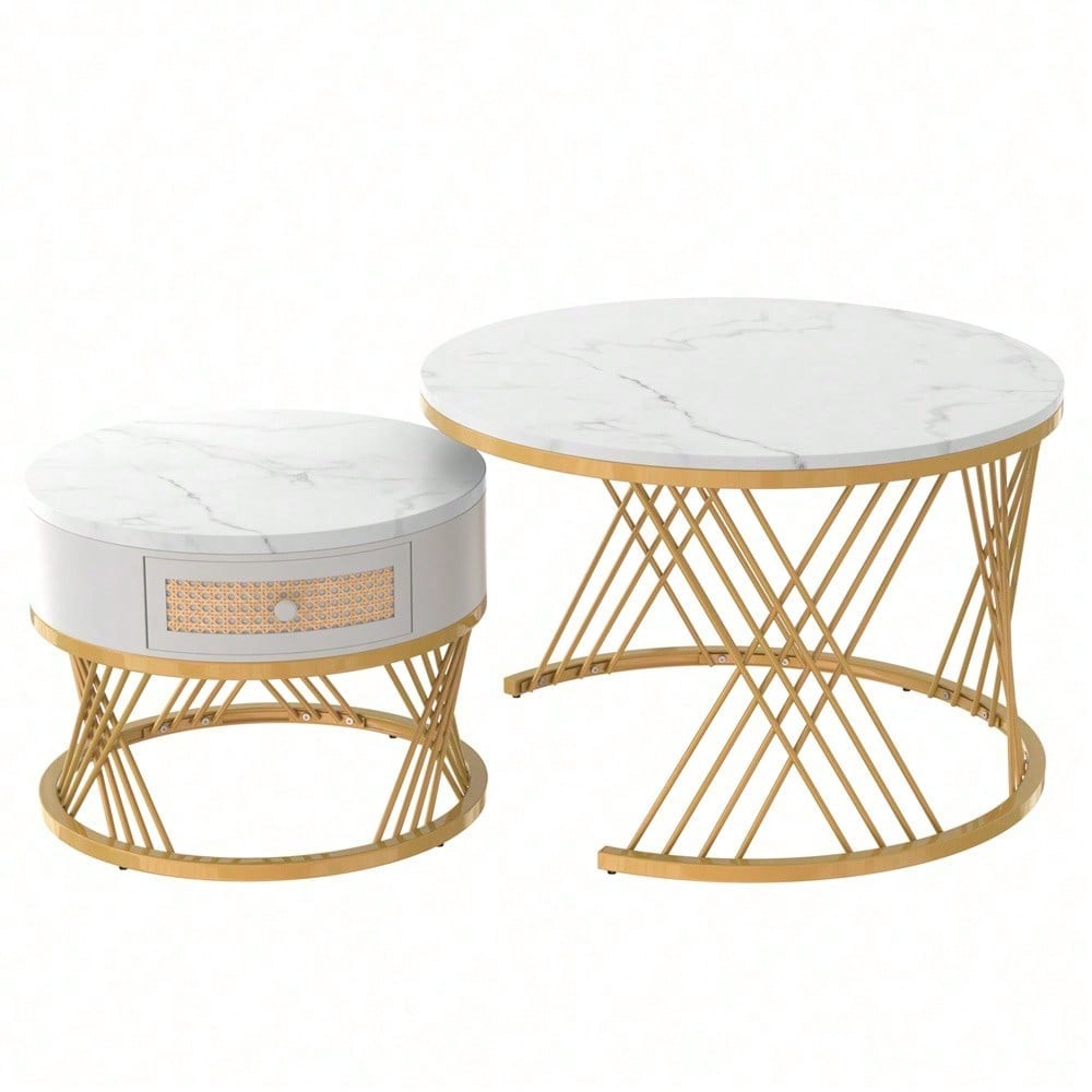 2 in 1 Runder Couchtisch aus MDF, Beistelltisch mit Tischplatte aus Marmor und Schubladen aus Kunststoff-Rattan, Griffe aus Massivholz. goldene Eisenfüße. 70*70*45,5+50*50*38,5cm