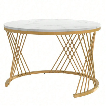 2 in 1 Runder Couchtisch aus MDF, Beistelltisch mit Tischplatte aus Marmor und Schubladen aus Kunststoff-Rattan, Griffe aus Massivholz. goldene Eisenfüße. 70*70*45,5+50*50*38,5cm