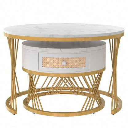 2 in 1 Runder Couchtisch aus MDF, Beistelltisch mit Tischplatte aus Marmor und Schubladen aus Kunststoff-Rattan, Griffe aus Massivholz. goldene Eisenfüße. 70*70*45,5+50*50*38,5cm