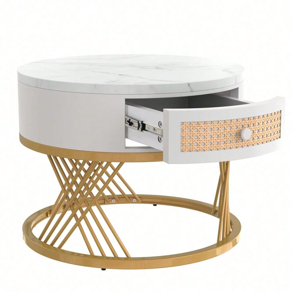 2 in 1 Runder Couchtisch aus MDF, Beistelltisch mit Tischplatte aus Marmor und Schubladen aus Kunststoff-Rattan, Griffe aus Massivholz. goldene Eisenfüße. 70*70*45,5+50*50*38,5cm