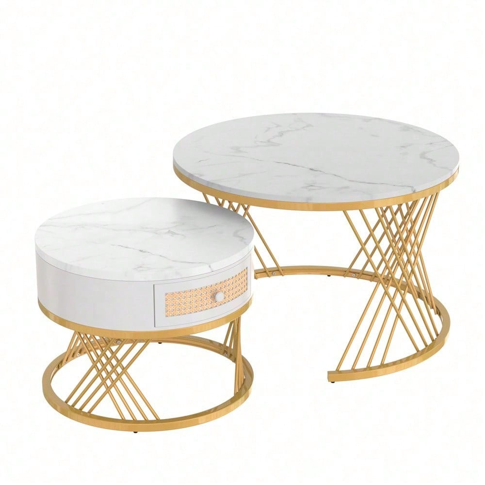 2 in 1 Runder Couchtisch aus MDF, Beistelltisch mit Tischplatte aus Marmor und Schubladen aus Kunststoff-Rattan, Griffe aus Massivholz. goldene Eisenfüße. 70*70*45,5+50*50*38,5cm