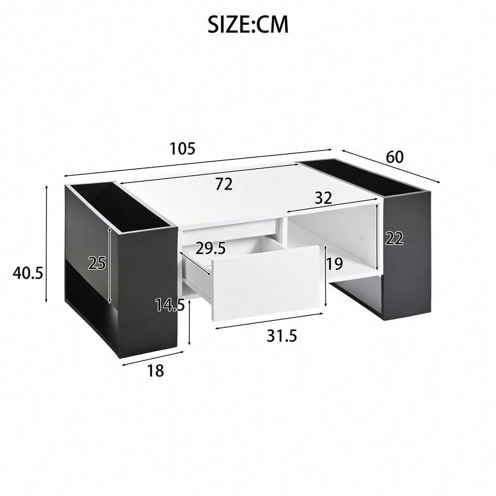 Moderner Couchtisch 105 x 60 x 40,5 cm – Schwarz-Weiß-Design mit hochglänzender Oberfläche, Schublade und 4 offenen Fächern