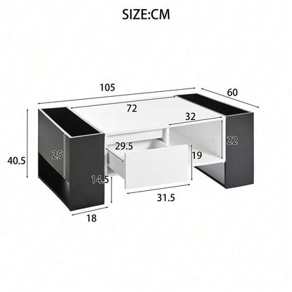 Moderner Couchtisch 105 x 60 x 40,5 cm – Schwarz-Weiß-Design mit hochglänzender Oberfläche, Schublade und 4 offenen Fächern