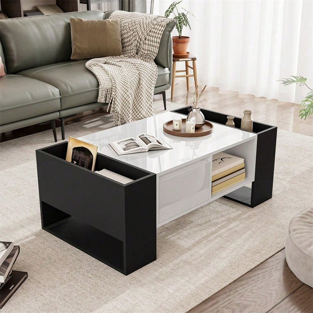 Moderner Couchtisch 105 x 60 x 40,5 cm – Schwarz-Weiß-Design mit hochglänzender Oberfläche, Schublade und 4 offenen Fächern