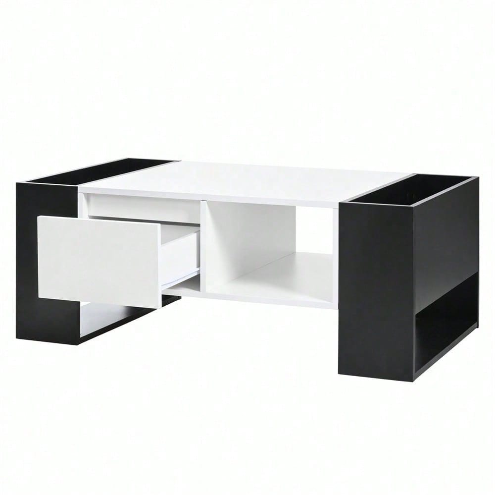 Moderner Couchtisch 105 x 60 x 40,5 cm – Schwarz-Weiß-Design mit hochglänzender Oberfläche, Schublade und 4 offenen Fächern