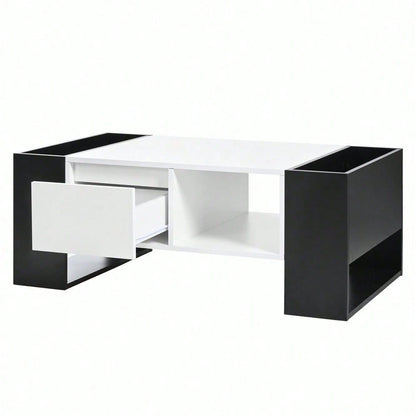Moderner Couchtisch 105 x 60 x 40,5 cm – Schwarz-Weiß-Design mit hochglänzender Oberfläche, Schublade und 4 offenen Fächern
