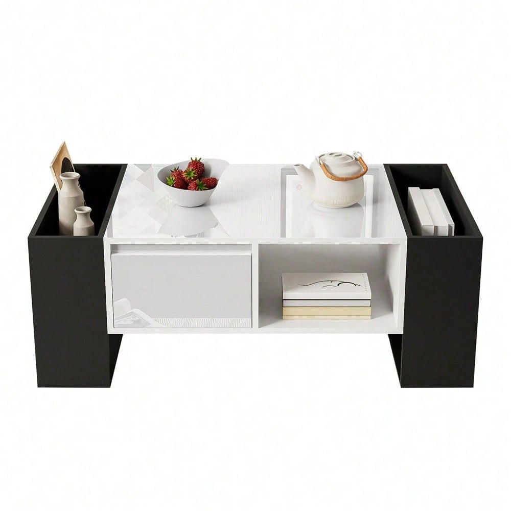 Moderner Couchtisch 105 x 60 x 40,5 cm – Schwarz-Weiß-Design mit hochglänzender Oberfläche, Schublade und 4 offenen Fächern