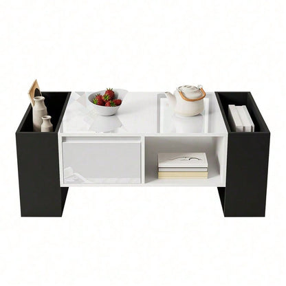 Moderner Couchtisch 105 x 60 x 40,5 cm – Schwarz-Weiß-Design mit hochglänzender Oberfläche, Schublade und 4 offenen Fächern
