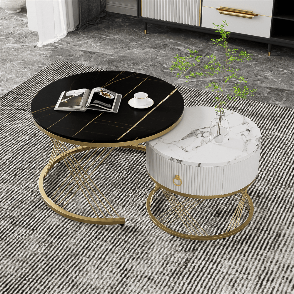 Eleganter zusammensetzbarer Couchtisch: Marmoroptik, Golddekor, Beistelltisch mit Schubladen – 2er-Set