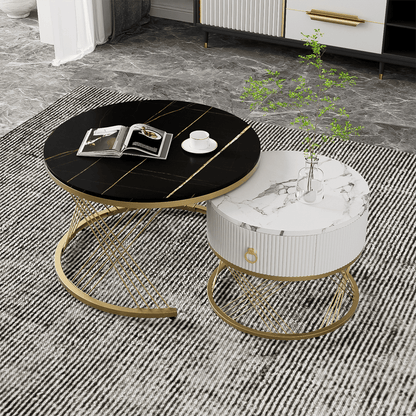 Eleganter zusammensetzbarer Couchtisch: Marmoroptik, Golddekor, Beistelltisch mit Schubladen – 2er-Set