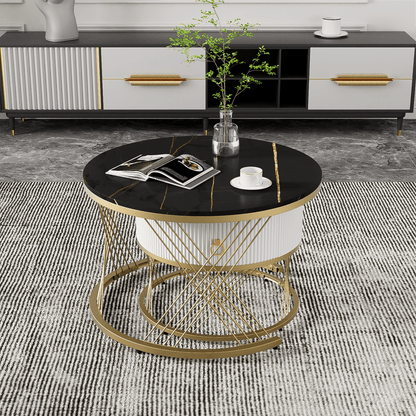 Eleganter zusammensetzbarer Couchtisch: Marmoroptik, Golddekor, Beistelltisch mit Schubladen – 2er-Set