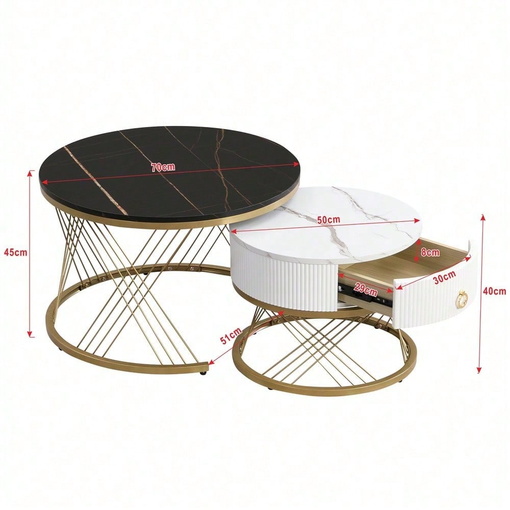 Eleganter zusammensetzbarer Couchtisch: Marmoroptik, Golddekor, Beistelltisch mit Schubladen – 2er-Set