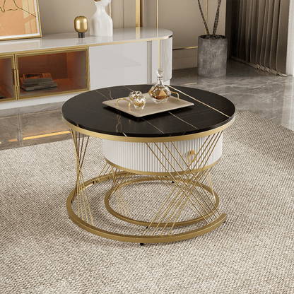 Eleganter zusammensetzbarer Couchtisch: Marmoroptik, Golddekor, Beistelltisch mit Schubladen – 2er-Set