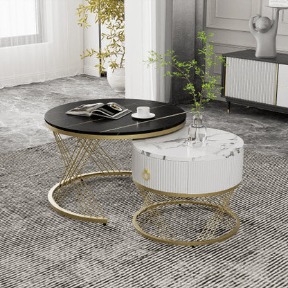 Eleganter zusammensetzbarer Couchtisch: Marmoroptik, Golddekor, Beistelltisch mit Schubladen – 2er-Set