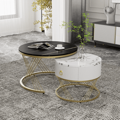 Eleganter zusammensetzbarer Couchtisch: Marmoroptik, Golddekor, Beistelltisch mit Schubladen – 2er-Set