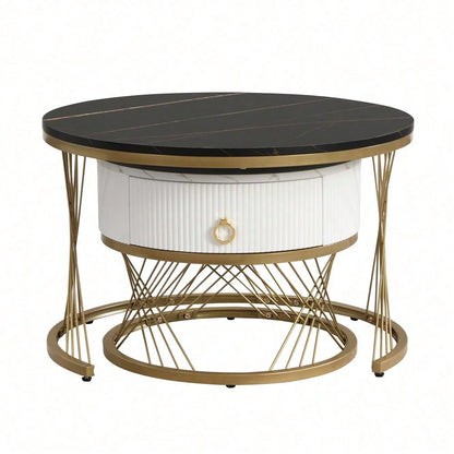 Eleganter zusammensetzbarer Couchtisch: Marmoroptik, Golddekor, Beistelltisch mit Schubladen – 2er-Set