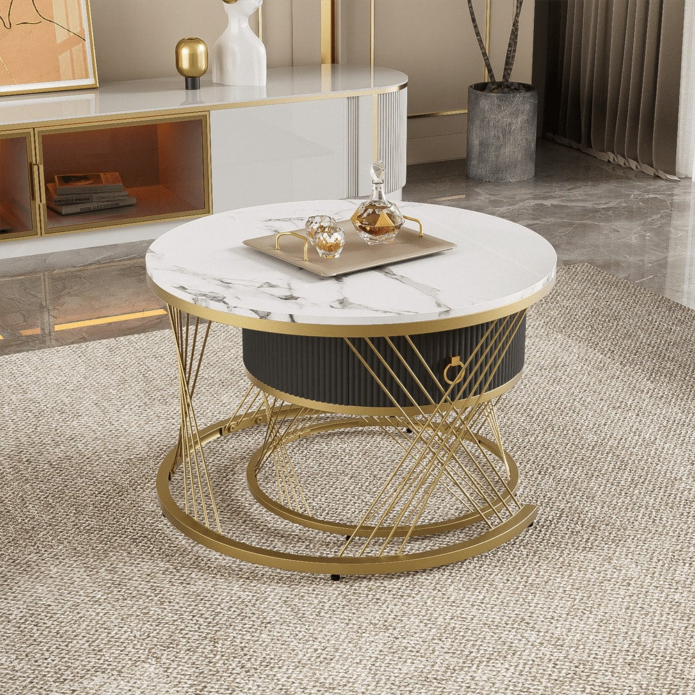 Eleganter zusammensetzbarer Couchtisch: Marmoroptik, Golddekor, Beistelltisch mit Schubladen – 2er-Set