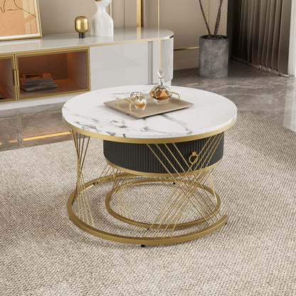Eleganter zusammensetzbarer Couchtisch: Marmoroptik, Golddekor, Beistelltisch mit Schubladen – 2er-Set