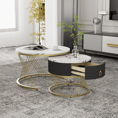 Eleganter zusammensetzbarer Couchtisch: Marmoroptik, Golddekor, Beistelltisch mit Schubladen – 2er-Set
