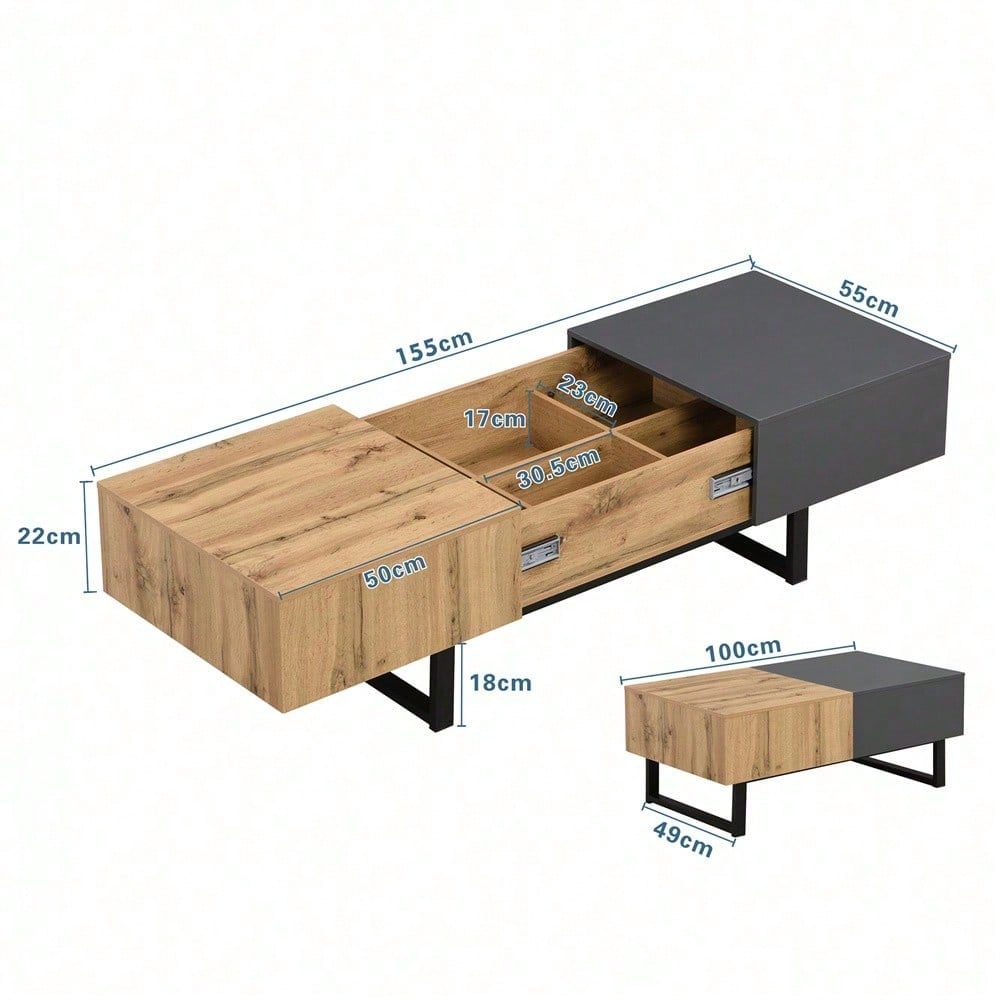 Multifunktionaler moderner verschiebbarer Couchtisch mit versteckter Aufbewahrung, hochwertiger Holz- und Metallhalterung, geeignet für Wohn- und Bürobereich, einfach zu installieren, 155 x 55 x 40 cm