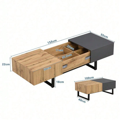 Multifunktionaler moderner verschiebbarer Couchtisch mit versteckter Aufbewahrung, hochwertiger Holz- und Metallhalterung, geeignet für Wohn- und Bürobereich, einfach zu installieren, 155 x 55 x 40 cm