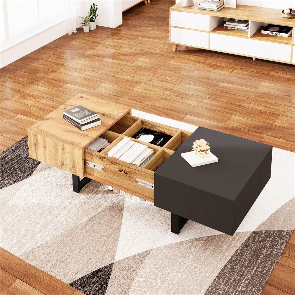 Multifunktionaler moderner verschiebbarer Couchtisch mit versteckter Aufbewahrung, hochwertiger Holz- und Metallhalterung, geeignet für Wohn- und Bürobereich, einfach zu installieren, 155 x 55 x 40 cm