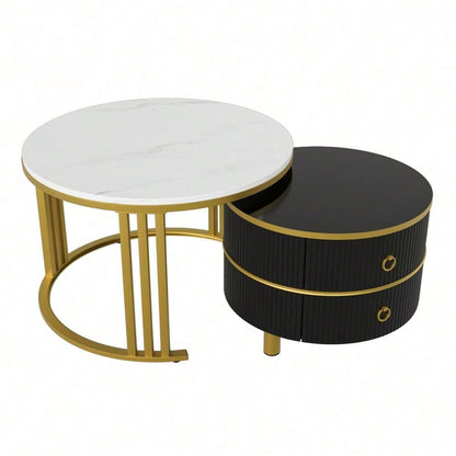 2-in-1 runder MDF-Couchtisch, Beistelltisch mit glänzender Platte und 1 weißer Marmorplatte, Wohnzimmer-Couchtischkombination mit 2 Schubladen, 70*70*46 + 50*50*40 cm