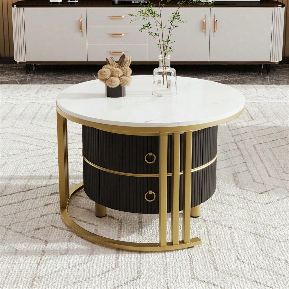 2-in-1 runder MDF-Couchtisch, Beistelltisch mit glänzender Platte und 1 weißer Marmorplatte, Wohnzimmer-Couchtischkombination mit 2 Schubladen, 70*70*46 + 50*50*40 cm