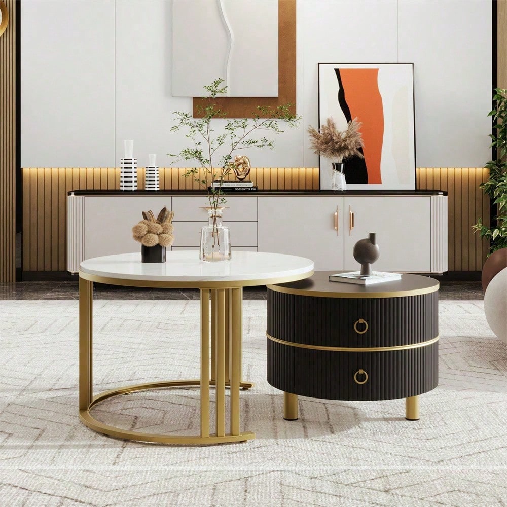2-in-1 runder MDF-Couchtisch, Beistelltisch mit glänzender Platte und 1 weißer Marmorplatte, Wohnzimmer-Couchtischkombination mit 2 Schubladen, 70*70*46 + 50*50*40 cm