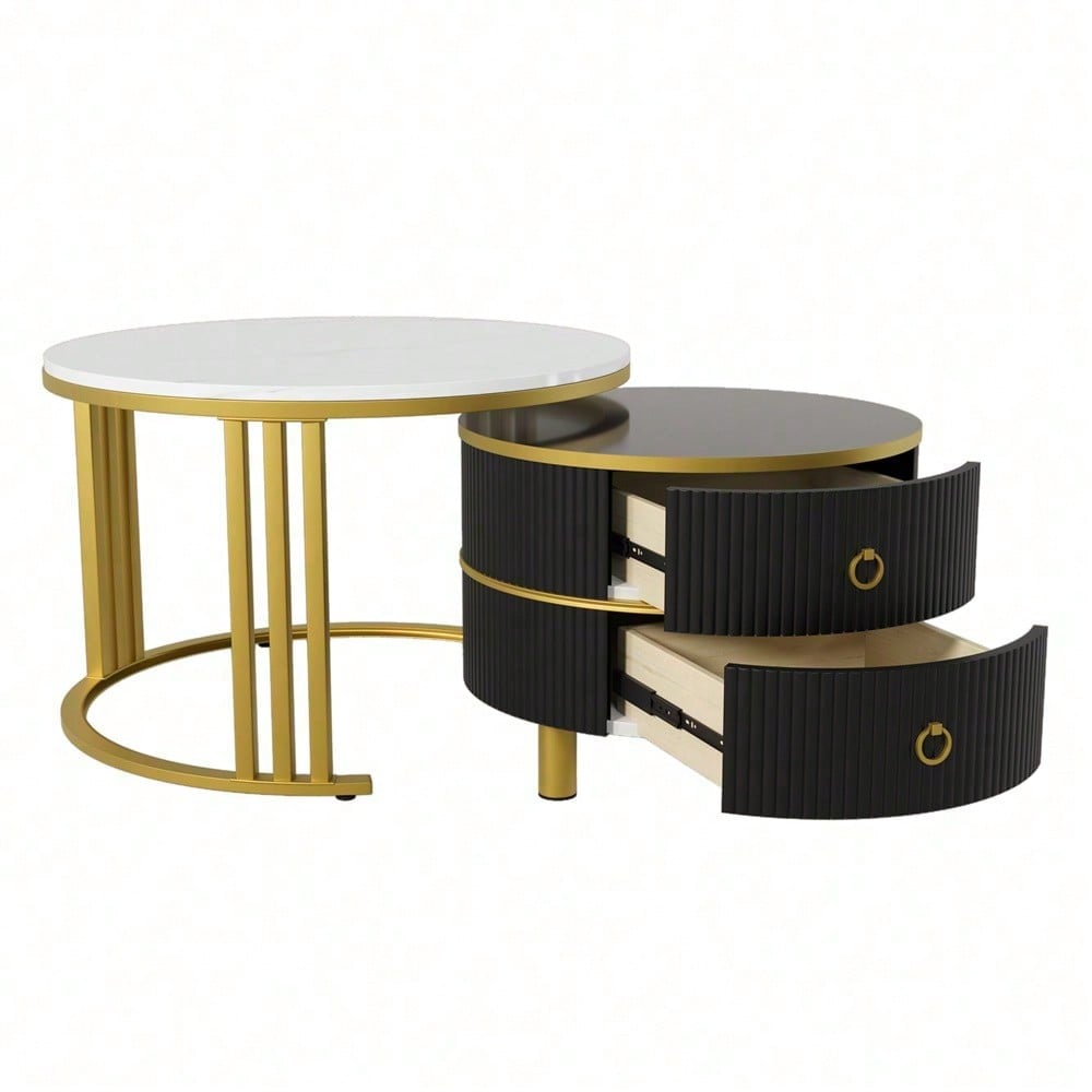 2-in-1 runder MDF-Couchtisch, Beistelltisch mit glänzender Platte und 1 weißer Marmorplatte, Wohnzimmer-Couchtischkombination mit 2 Schubladen, 70*70*46 + 50*50*40 cm