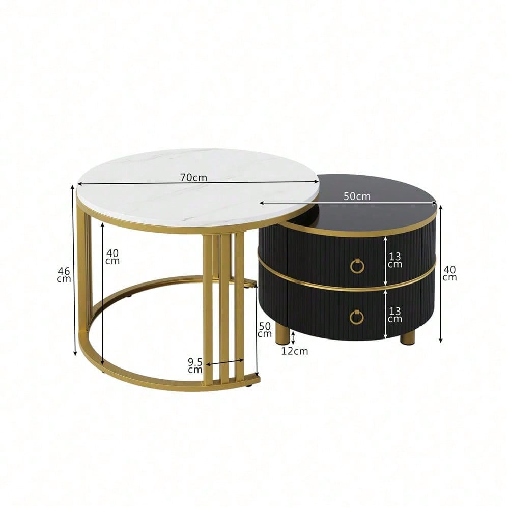 2-in-1 runder MDF-Couchtisch, Beistelltisch mit glänzender Platte und 1 weißer Marmorplatte, Wohnzimmer-Couchtischkombination mit 2 Schubladen, 70*70*46 + 50*50*40 cm