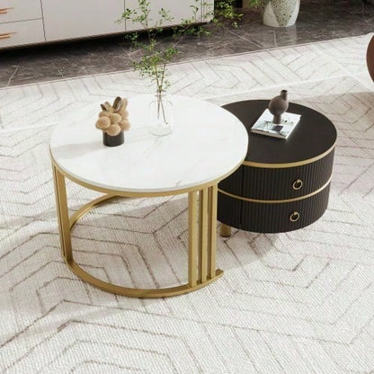 2-in-1 runder MDF-Couchtisch, Beistelltisch mit glänzender Platte und 1 weißer Marmorplatte, Wohnzimmer-Couchtischkombination mit 2 Schubladen, 70*70*46 + 50*50*40 cm