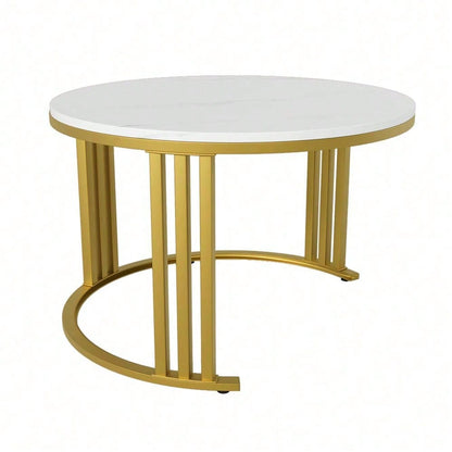 2-in-1 runder MDF-Couchtisch, Beistelltisch mit glänzender Platte und 1 weißer Marmorplatte, Wohnzimmer-Couchtischkombination mit 2 Schubladen, 70*70*46 + 50*50*40 cm