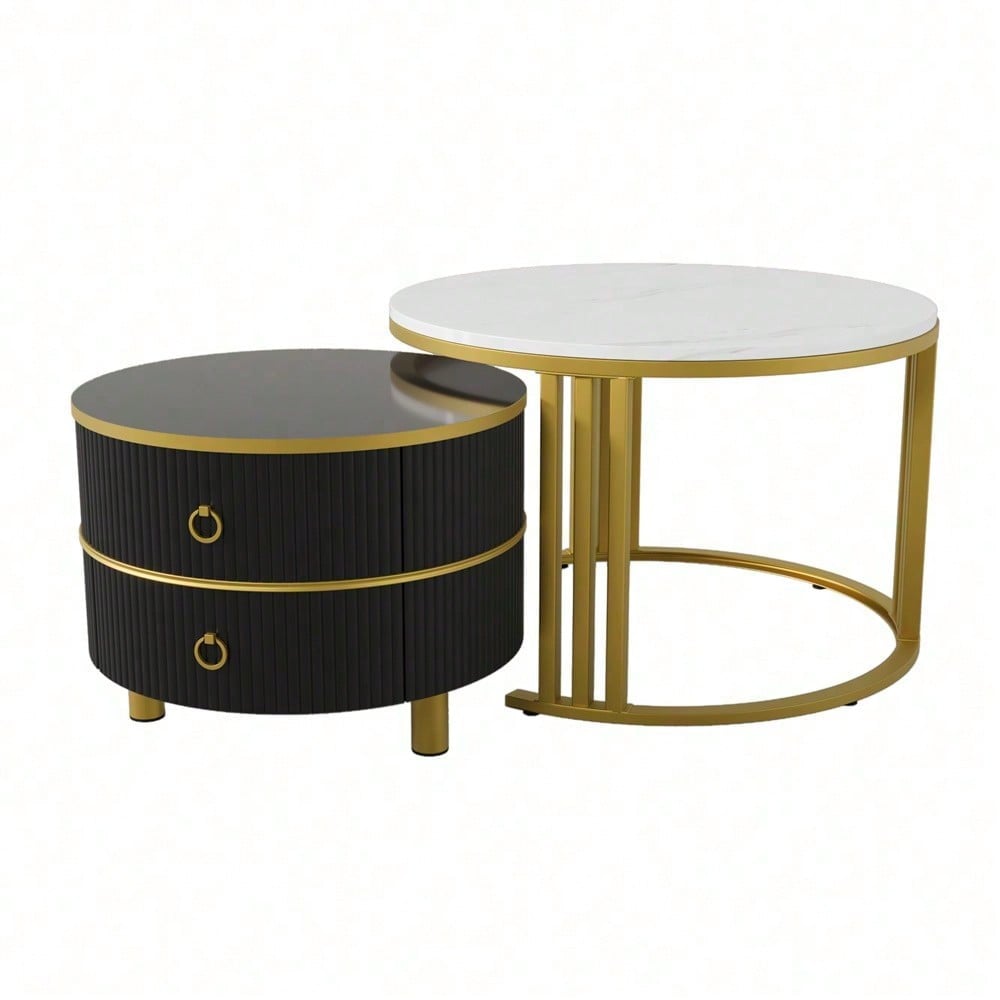 2-in-1 runder MDF-Couchtisch, Beistelltisch mit glänzender Platte und 1 weißer Marmorplatte, Wohnzimmer-Couchtischkombination mit 2 Schubladen, 70*70*46 + 50*50*40 cm