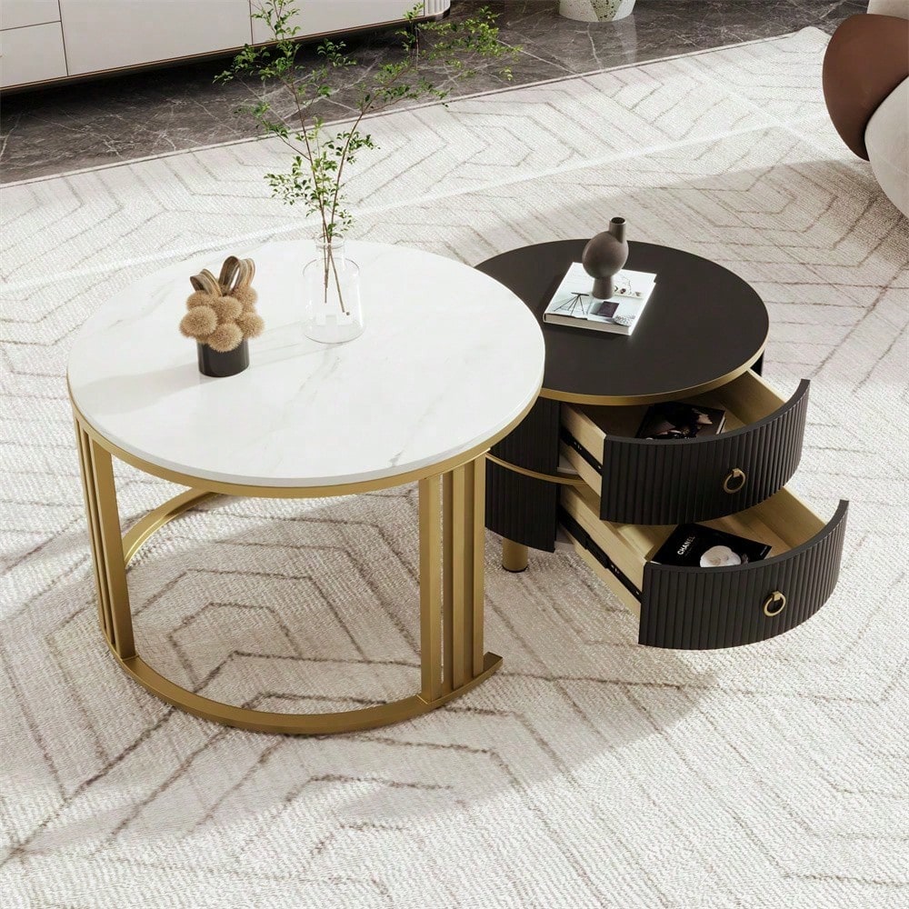 2-in-1 runder MDF-Couchtisch, Beistelltisch mit glänzender Platte und 1 weißer Marmorplatte, Wohnzimmer-Couchtischkombination mit 2 Schubladen, 70*70*46 + 50*50*40 cm
