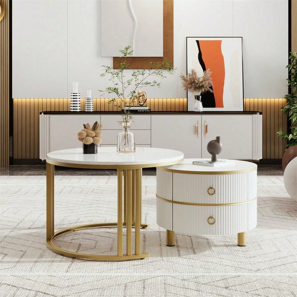 2-in-1 runder MDF-Couchtisch, Beistelltisch mit glänzender Platte und 1 weißer Marmorplatte, Wohnzimmer-Couchtischkombination mit 2 Schubladen, 70*70*46 + 50*50*40 cm