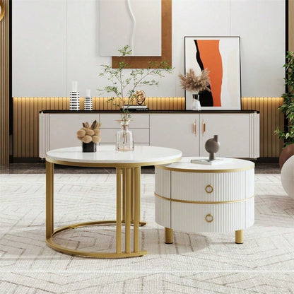 2-in-1 runder MDF-Couchtisch, Beistelltisch mit glänzender Platte und 1 weißer Marmorplatte, Wohnzimmer-Couchtischkombination mit 2 Schubladen, 70*70*46 + 50*50*40 cm